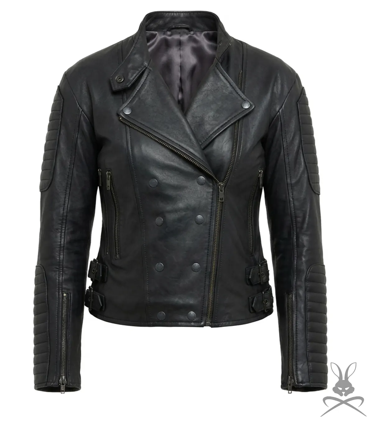 Buy Womens Black Double Breasted Quilted Moto Leather Jacket