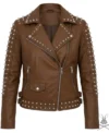 Buy Womens Brown Studded Leather Biker Jacket