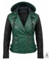 Buy Womens Green Hoodie Genuine Leather Biker Jacket with Black Sleeves