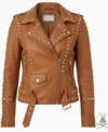 Buy Womens Tan Studded Leather Biker Jacket