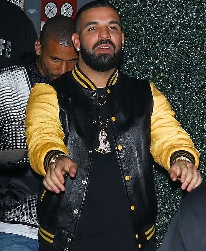 Canadian Rapper Drake Black and Yellow Leather Varsity Jacket Front