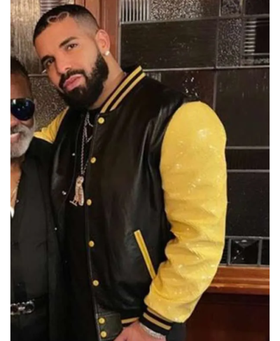 Canadian Rapper Drake Black and Yellow Leather Varsity Jacket Right