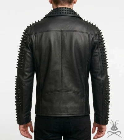 Carroll Black Studded Punk Rock Real Leather Biker Jacket back views