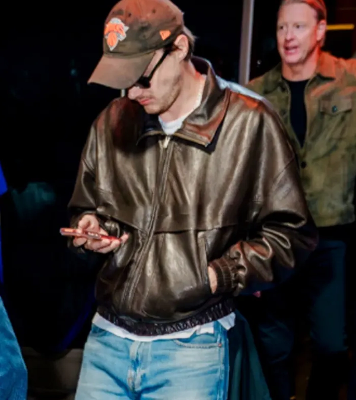 Chris Briney Madison Square Garden 2026 New York Knicks Game Black Leather Bomber Jacket