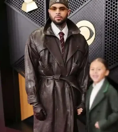 Chris Brown Grammy Awards 2026 Brown Trench Leather Coat