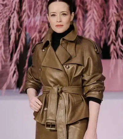 Claire Foy PFW 2026 Brown Leather Jacket