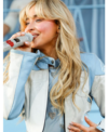 Coachella Music Festival Sabrina Carpenter White and Blue Cropped Leather Jacket