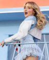 Coachella Music Festival Sabrina Carpenter White and Blue Cropped Leather Jacket Back