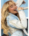 Coachella Music Festival Sabrina Carpenter White and Blue Cropped Leather Jacket Right