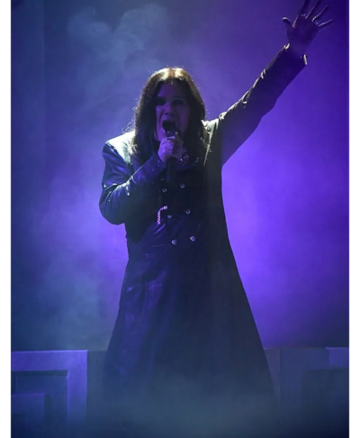 English Singer Ozzy Osbourne Black Leather Trench Coat Front