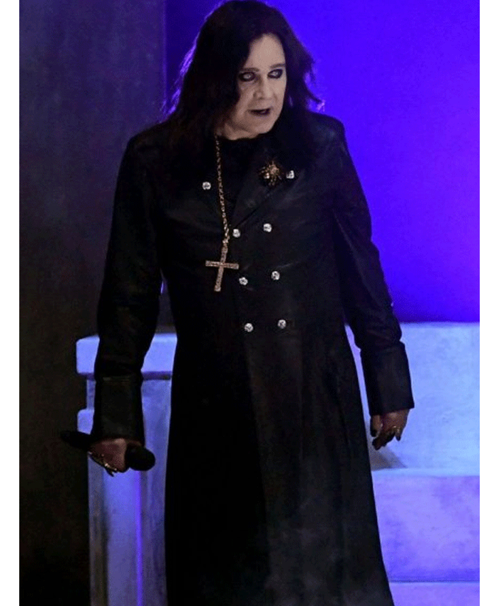 English Singer Ozzy Osbourne Black Leather Trench Coat Right