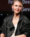 Falling New York Premiere 2026 Isabel May Oversized Black Leather Moto Jacket