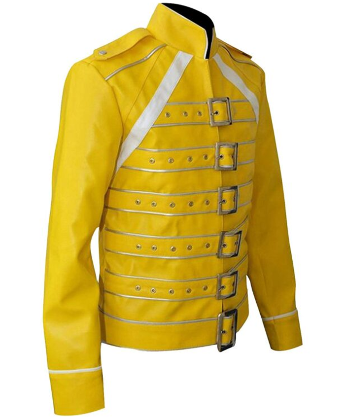 Freddie Mercury Yellow Leather Belted Motorcycle Jacket Right