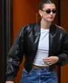 Hailey Bieber Los Angeles Black Bomber Jacket