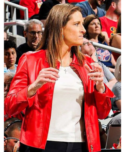 Indiana Fever Basketball Coach Stephanie White Red Leather Jacket Front