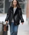 Keira Knightley Black Shearling Aviator Leather Jacket