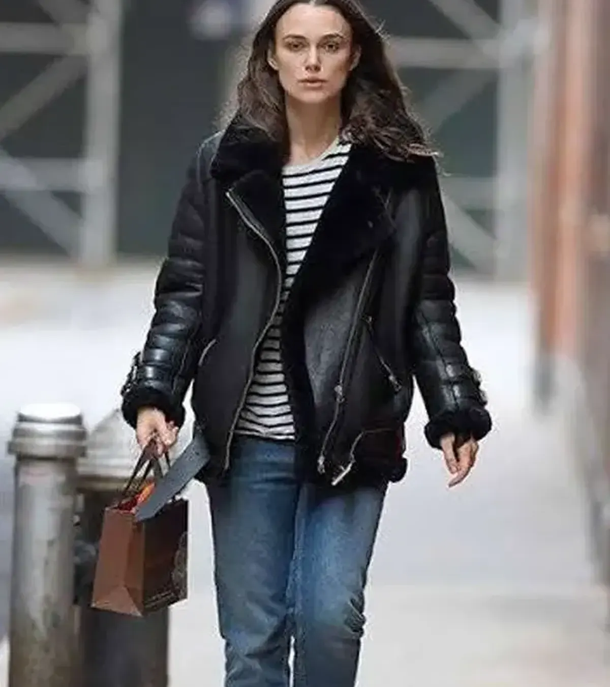 Keira Knightley Black Shearling Aviator Leather Jacket