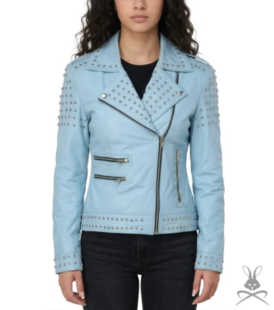 Kristi Sky Blue Studded Real Leather Jacket