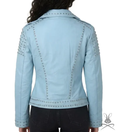 Kristi Sky Blue Studded Real Leather Jacket back