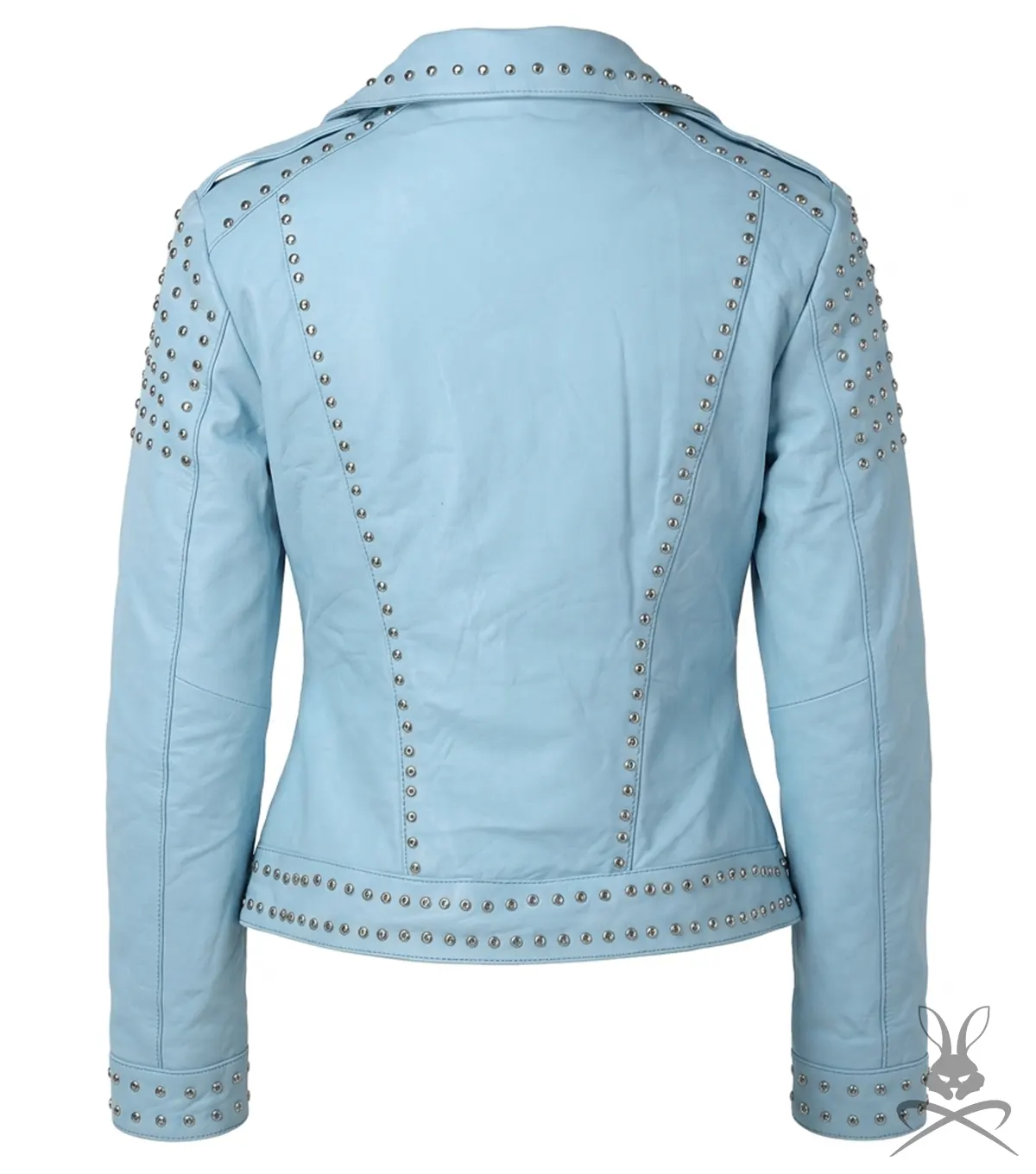 Kristi Sky Blue Studded Real Leather Jacket back view
