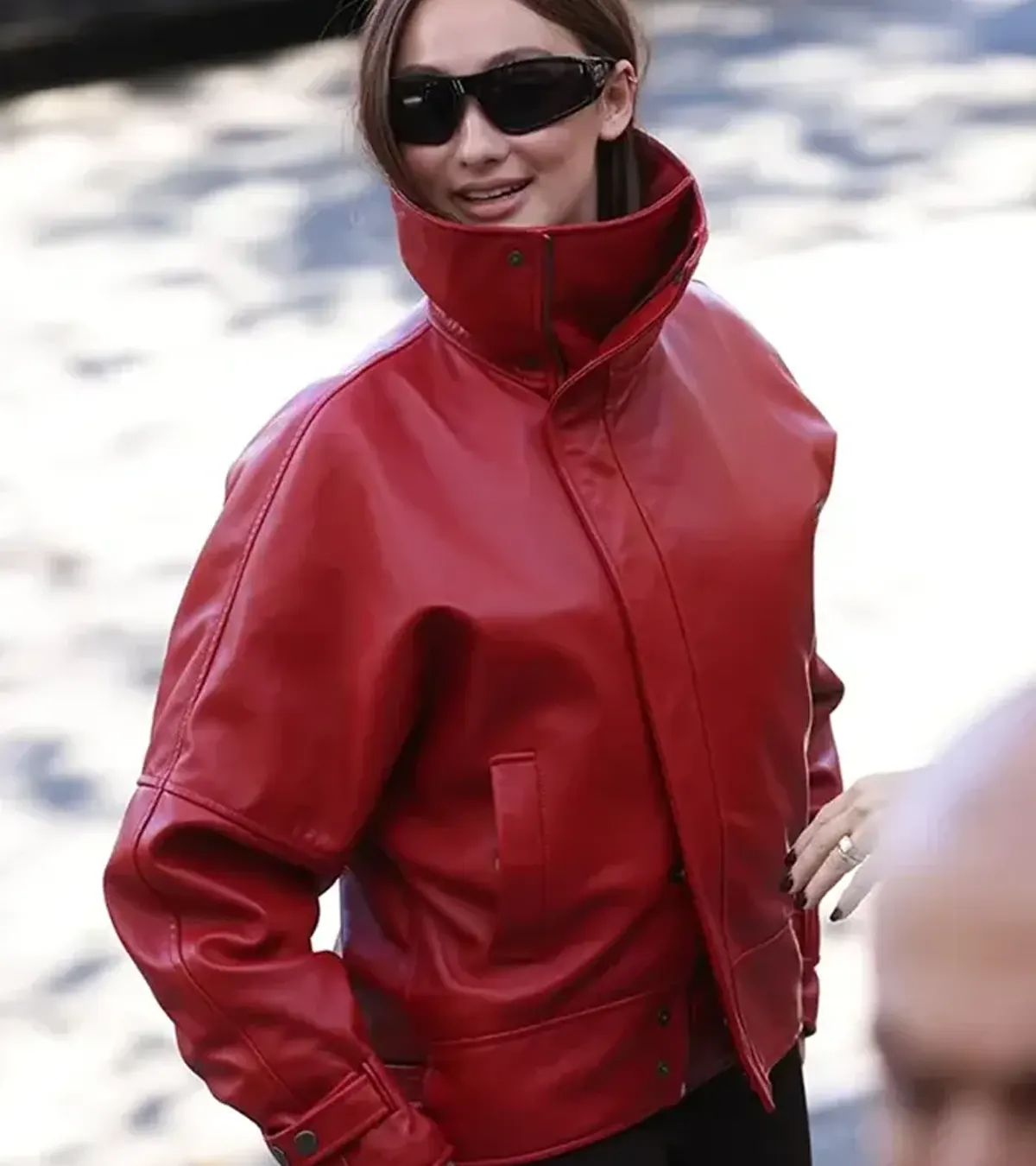 Lola Tung Paris Fashion Week SS27 Red Leather Jacket On Sale