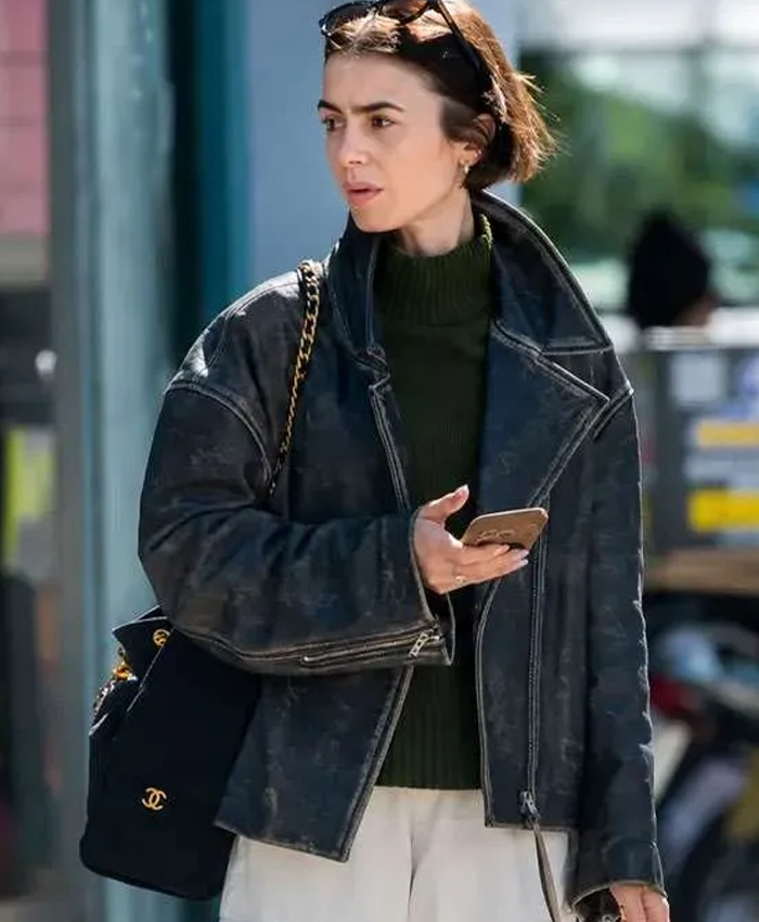 London City Street Style 2026 Lily Collins Distressed Black Leather Jacket Front