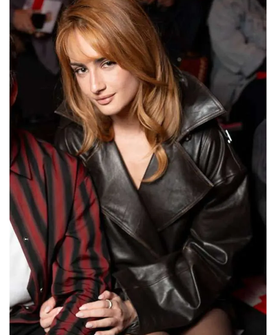 London Fashion Week 2026 Grace Van Patten Black Leather Jacket Closeup