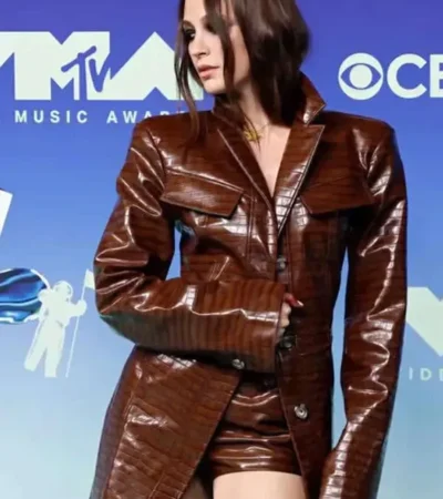 MTV Video Music Awards 2026 İnci Gürün Textured Brown Long Leather Coat On Sale