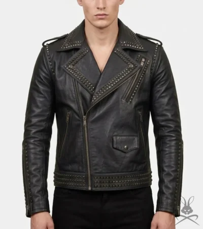 Mens Black Full Studded Real Leather Biker Jacket