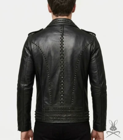 Mens Black Full Studded Real Leather Biker Jacket back