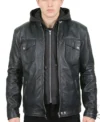Mens Black Genuine Leather Biker Jacket with Hoodie
