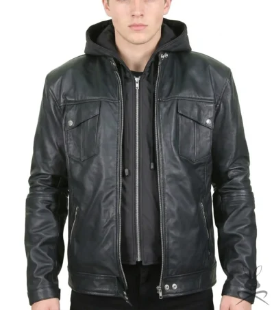 Mens Black Genuine Leather Biker Jacket with Hoodie