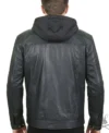 Mens Black Genuine Leather Biker Jacket with Hoodie back