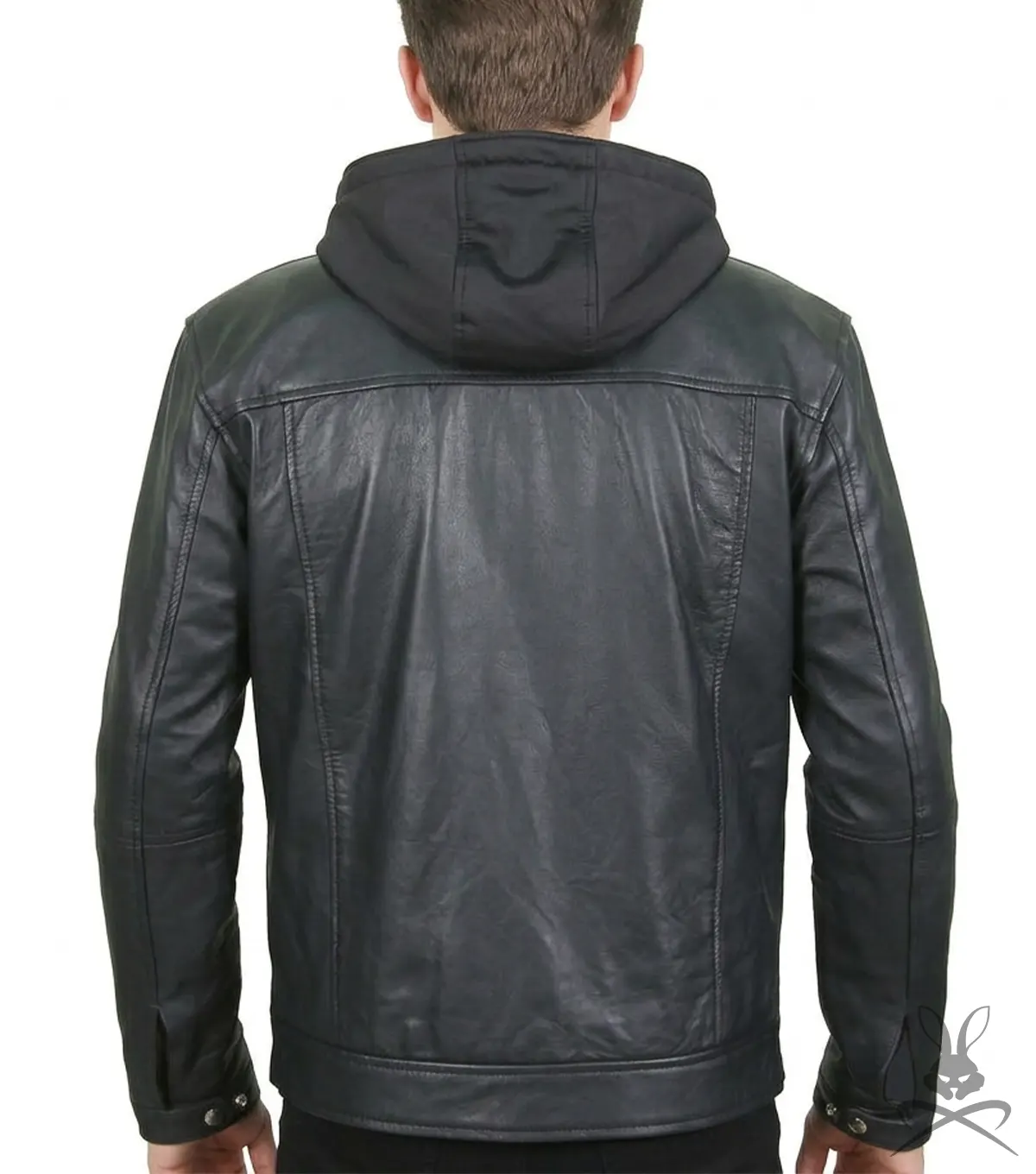 Mens Black Genuine Leather Biker Jacket with Hoodie back