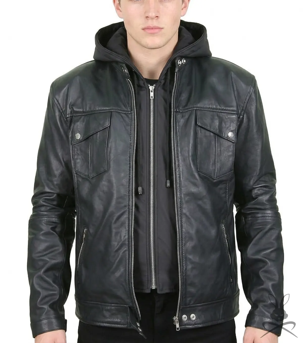 Mens Black Genuine Leather Biker Jacket with Hoodie
