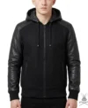 Mens Black Hooded Jacket with Leather Sleeves