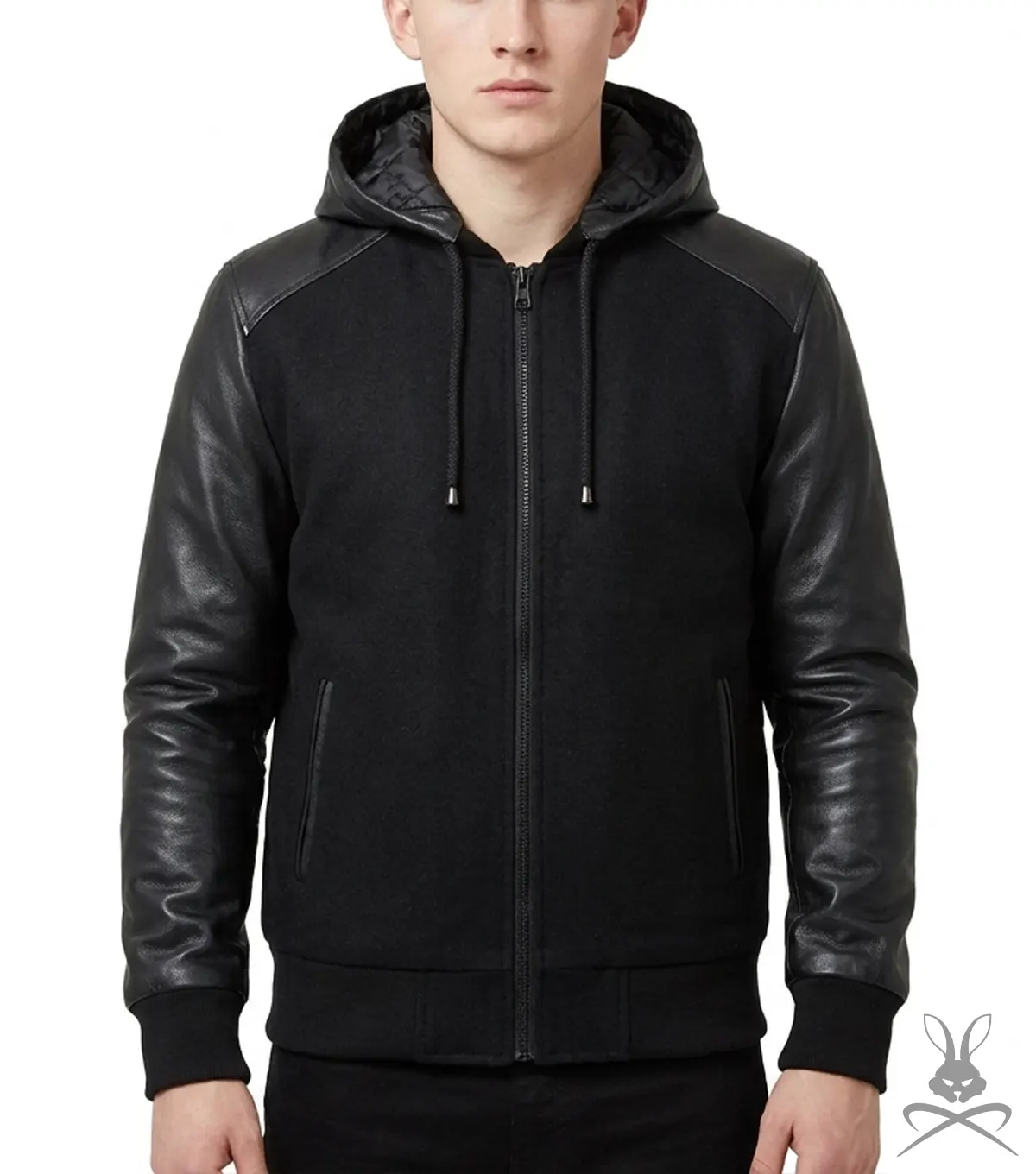 Mens Black Hooded Jacket with Leather Sleeves