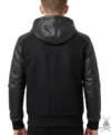 Mens Black Hooded Jacket with Leather Sleeves back