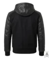 Mens Black Hooded Jacket with Leather Sleeves back view