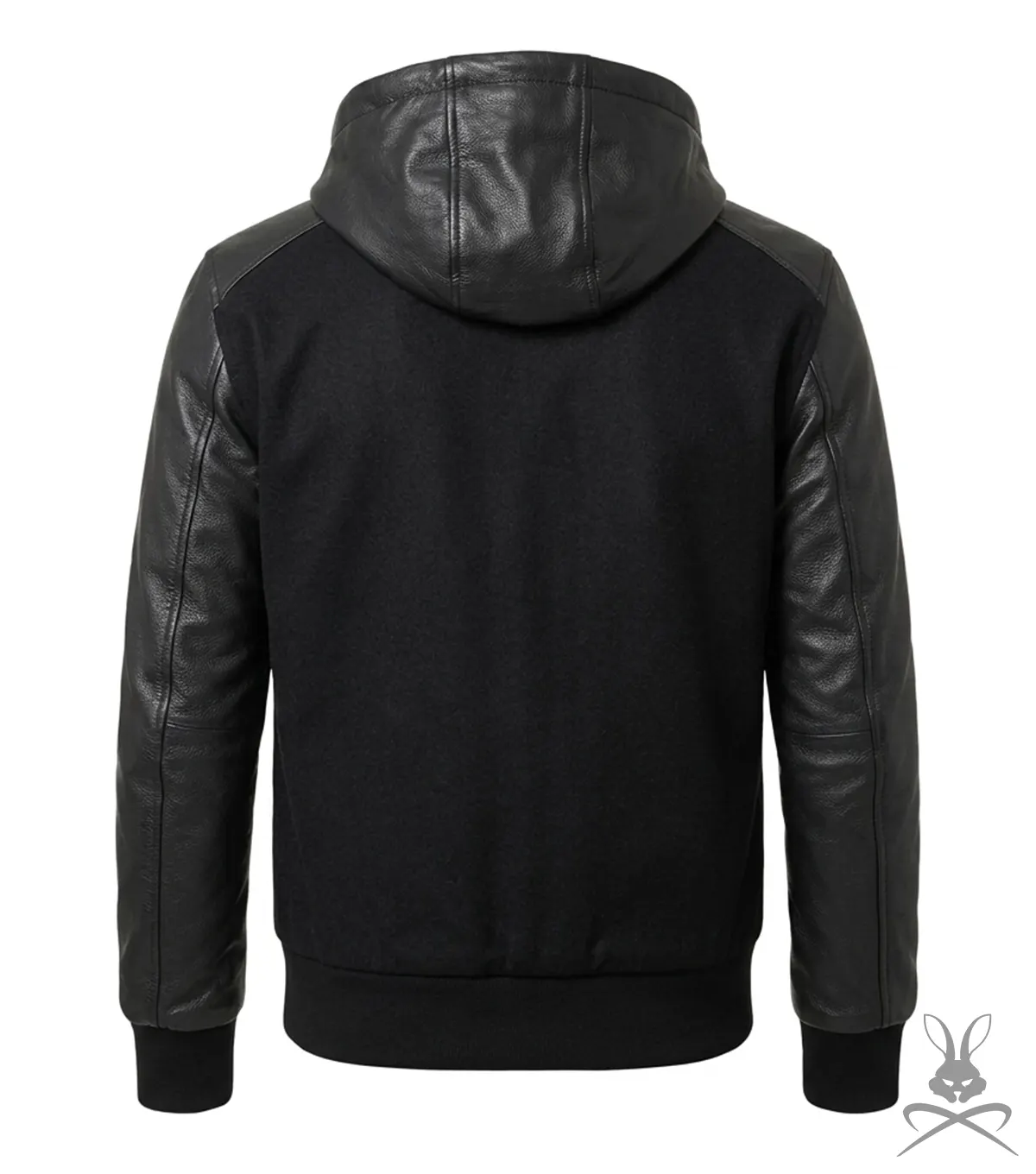 Mens Black Hooded Jacket with Leather Sleeves back view