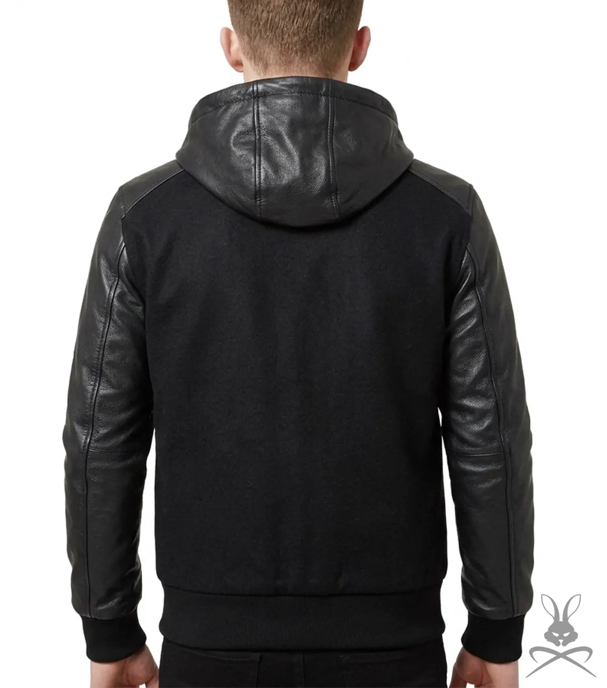Mens Black Hooded Jacket with Leather Sleeves back