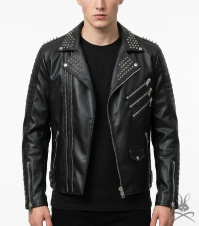 Mens Black Punk Rock Studded Real Leather Biker Jacket
