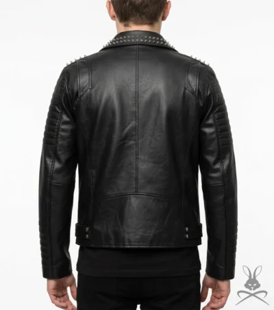 Mens Black Punk Rock Studded Real Leather Biker Jacket back