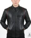 Mens Black Real Leather Bomber Jacket with Red Stripe Design