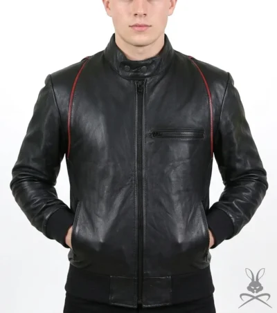 Mens Black Real Leather Bomber Jacket with Red Stripe Design