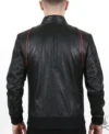 Mens Black Real Leather Bomber Jacket with Red Stripe Design back