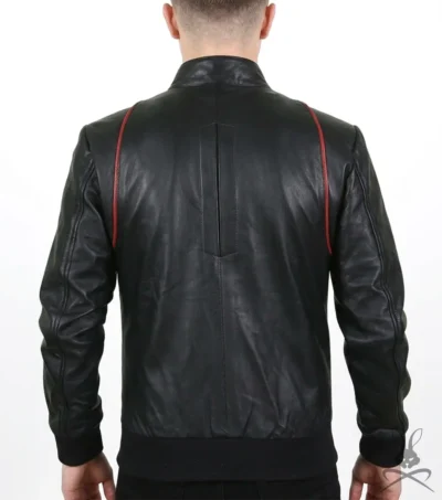 Mens Black Real Leather Bomber Jacket with Red Stripe Design back