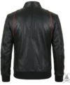 Mens Black Real Leather Bomber Jacket with Red Stripe Design back view