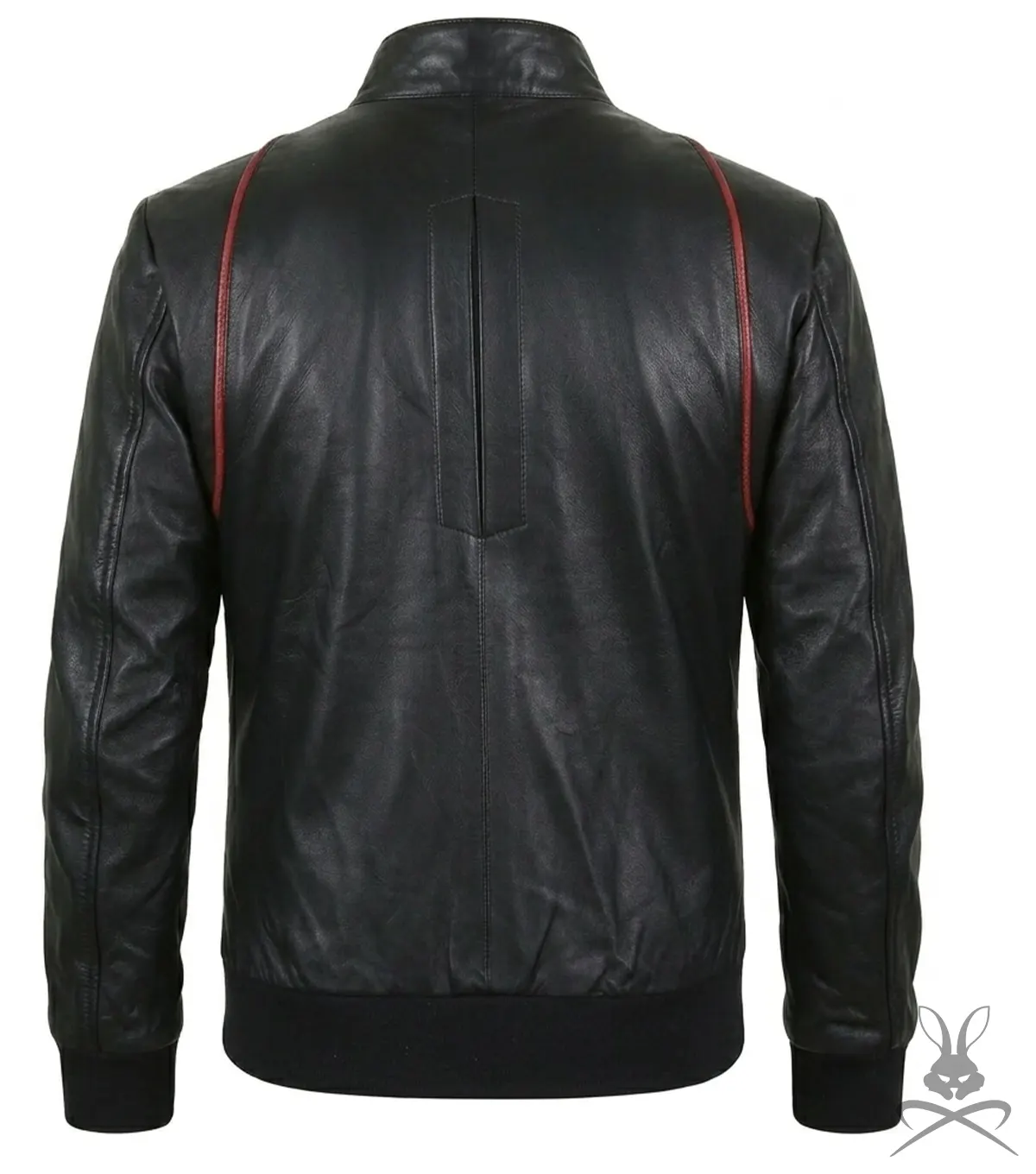 Mens Black Real Leather Bomber Jacket with Red Stripe Design back view