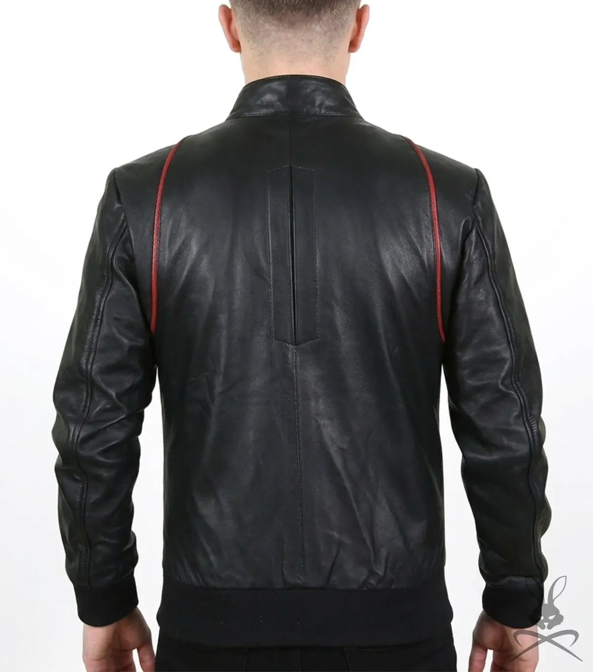 Mens Black Real Leather Bomber Jacket with Red Stripe Design back